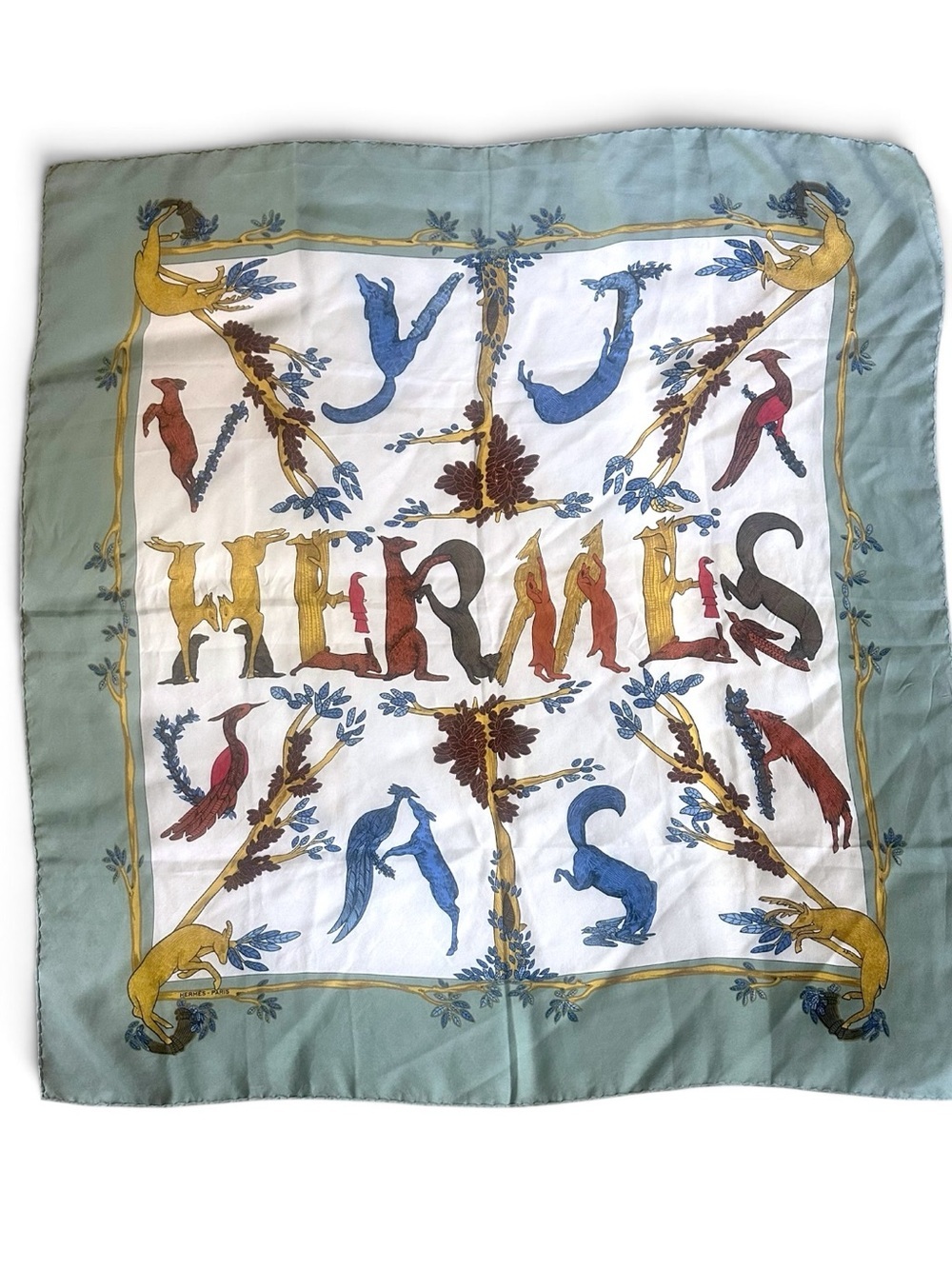 Hermès Alphabet III Annie Faivre Vintage 90cm Silk Scarf Animal Carré Sage